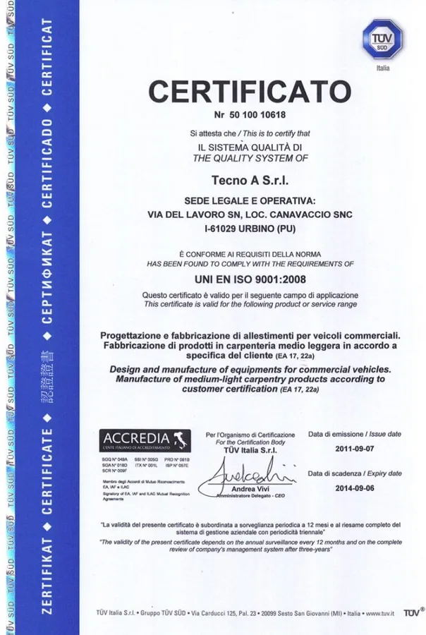 TÜV SÜD ISO 9001 Zertifikat des Einrichtungssystems